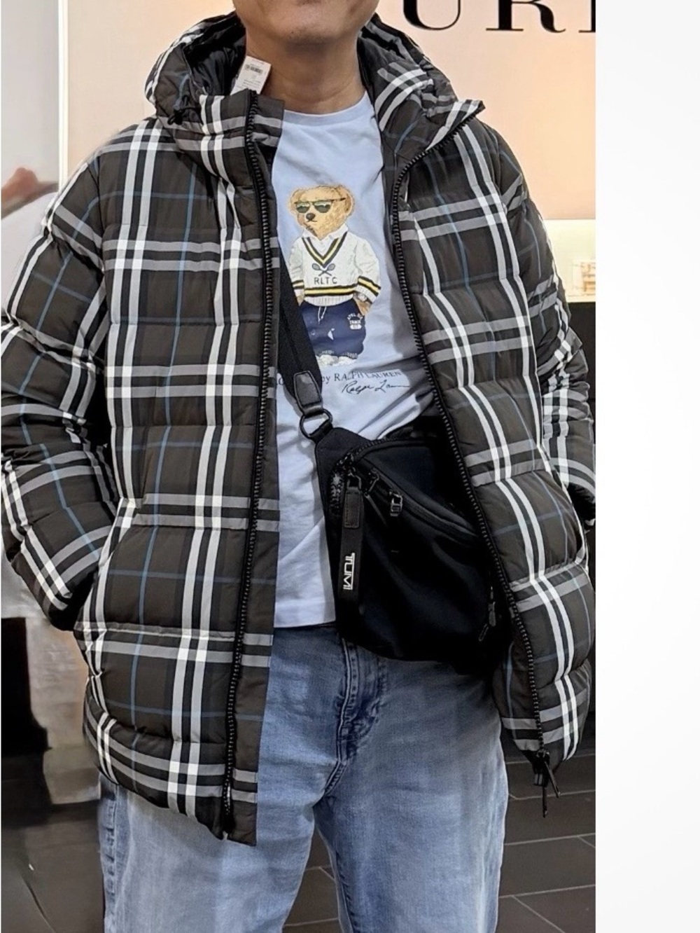 Burberry Black, Brown & White Plaid Hooded Puffer Jacket